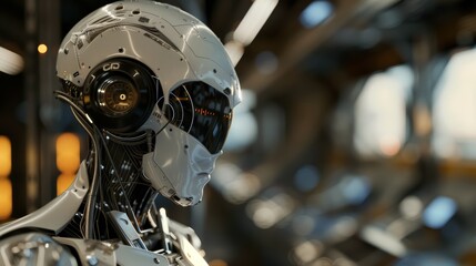 Fototapeta premium Close up of a futuristic robot head with wires and a visor, in a blurry industrial setting.