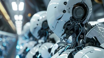 Fototapeta premium Close up of a futuristic robotic head with wires and tubes.