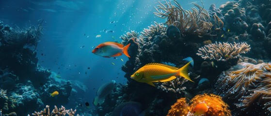 Orange fish and corals in a bright underwater environment, clear blue waters.