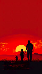 Fototapeta premium Silhouettes of a family walking towards a setting sun