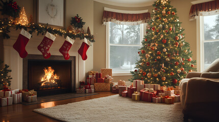 Obraz premium Stock Christmas Photos: Cozy Living Room with Glowing Fireplace and Colorful Tree for Your Holiday Marketing Needs