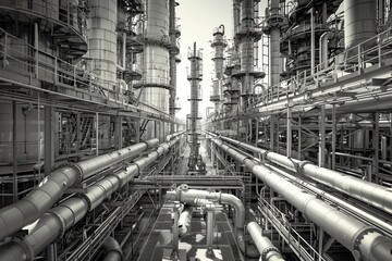 Monochrome industrial plant with complex pipeline system and towering structures, showcasing engineering and industrial design.