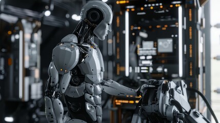 A humanoid robot with exposed mechanical parts standing in a futuristic laboratory.