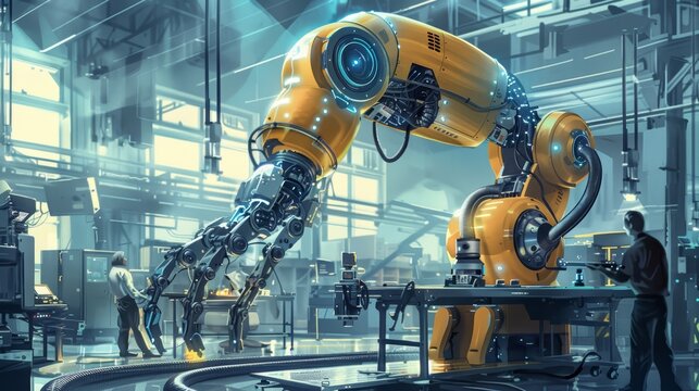 A large, yellow robotic arm works inside a futuristic factory, monitored by a worker.