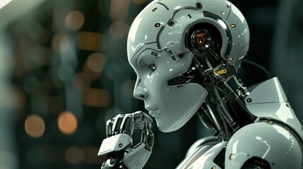 Fototapeta premium A futuristic robot with a white metallic body and exposed mechanical components is seen thinking, with a hand resting on its chin.