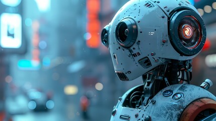 Fototapeta premium A close-up of a futuristic robot's head with glowing red eyes, set against a blurry city backdrop.