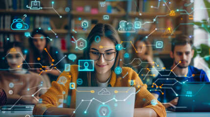 A woman sits at a table with an open laptop, the image is a network of people. The woman is smiling and the image conveys a sense of connection and cooperation. Technology concept.
