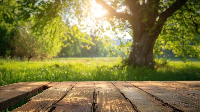 Tree Table wood Podium in farm display for food, perfume, and other products on nature background