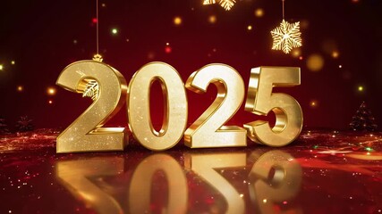Golden 2025 celebration display with sparkling red background