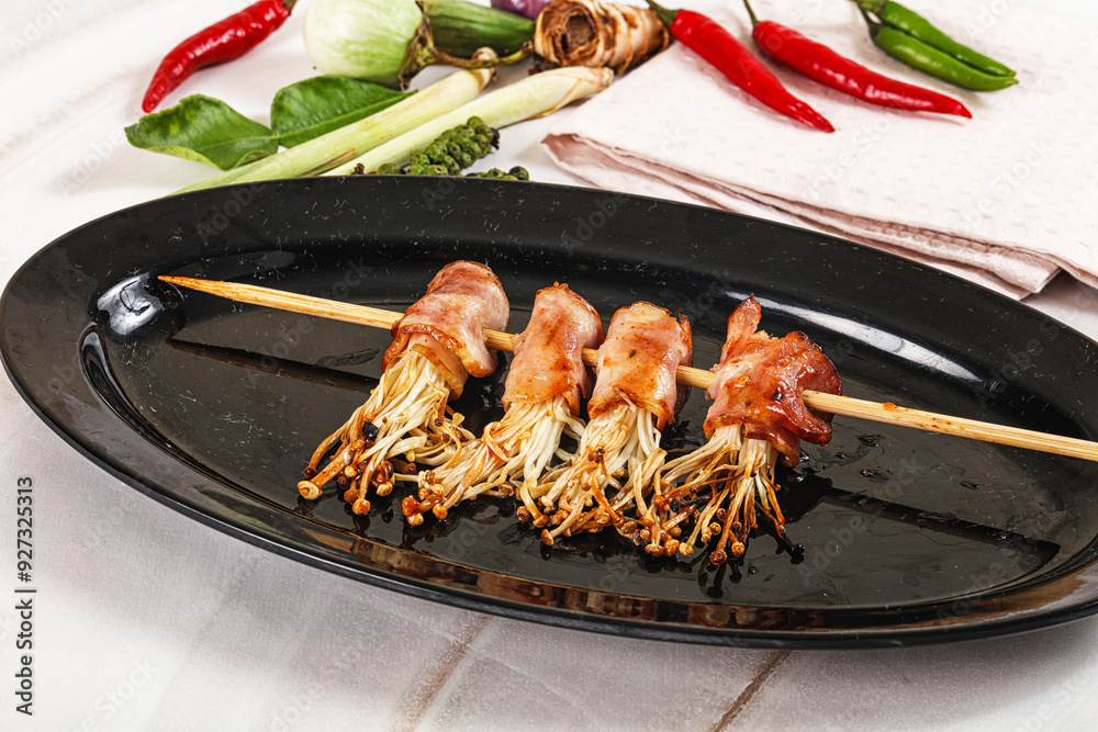 Poster Thai Street foof satay with bacon and mushroom