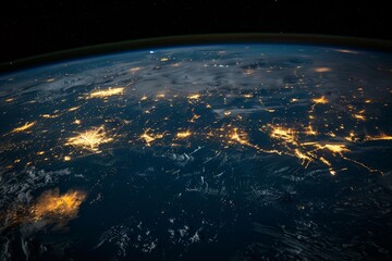 Fototapeta premium A stunning highangle view of city lights glowing on earth's surface from orbit at night