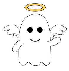 Cute Halloween ghost in costume Angel. Vector Flat Illustration.