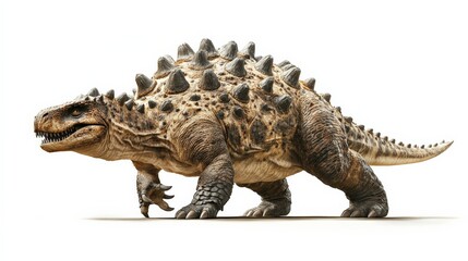 Naklejka premium Highly detailed 3D render of an armored dinosaur with spikes and a tail, isolated on a white background.