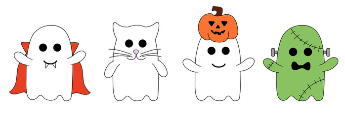 Cute Halloween ghosts in costumes. Holidays cartoon characters. Vector Flat Illustration.