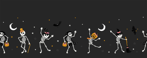 Naklejka premium Cute hand drawn vector skeletons with witch hats, pumpkins and other decoration, great for banners, wallpapers, textiles