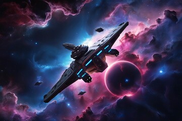 Obraz premium Stunning 3D Nebula Art with Starship in 5K Quality for Cosmic Visual Enthusiasts