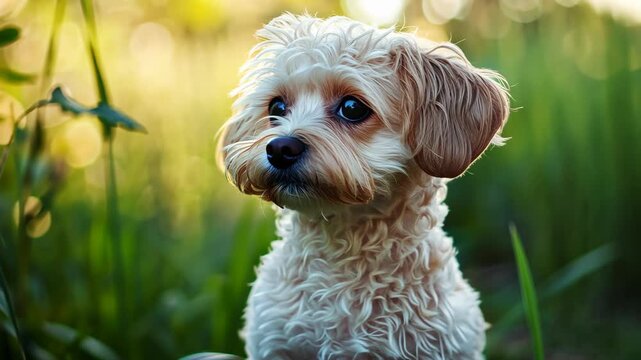 Cute dog exploring a vibrant green field during golden hour light