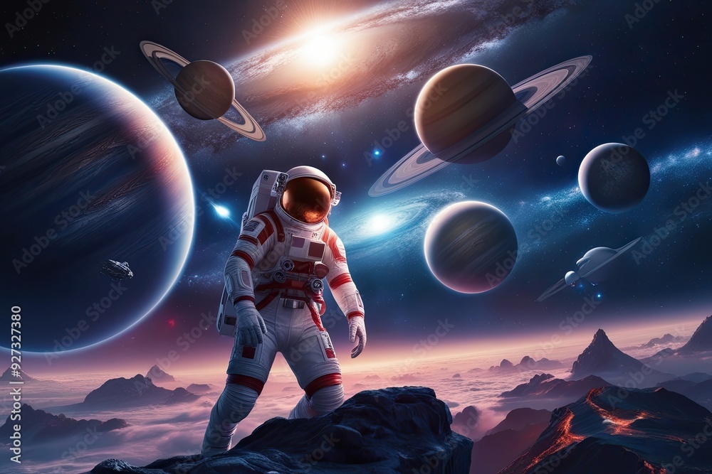 Wall mural stunning 3d cosmic illustration featuring planets astronauts and advanced space travel