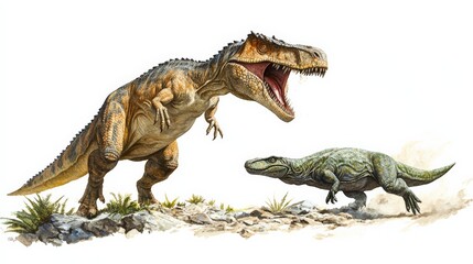 Illustration of a fierce T-Rex dinosaur chasing a smaller prehistoric creature in a natural habitat, showcasing prehistoric wildlife action.