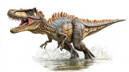 Naklejka premium Illustration of a menacing dinosaur walking through water, showcasing the ferocious predator with sharp teeth and scaly skin.