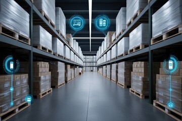 Naklejka premium High-Tech Distribution Center Visualization Featuring Innovative Inventory Tracking with Connected Devices