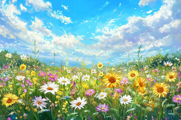 Summer meadow with colorful sunflowers and daisies against the blue sky