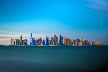 The Panoramic skyline of Doha, Qatar during sunrise