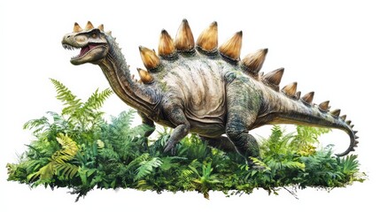 Fototapeta premium Illustration of a Stegosaurus dinosaur walking through dense foliage, highlighting its distinct plates and prehistoric nature.