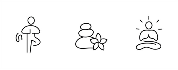 Icons symbolizing the pursuit of holistic well-being, featuring elements of meditation, physical balance, and harmony with nature. 