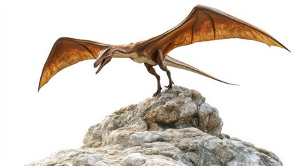 Fototapeta premium Majestic pterosaur standing on a rock, showcasing its large wings and prehistoric presence in a natural setting.