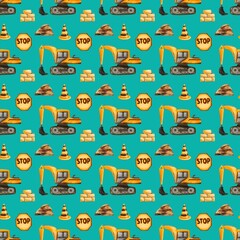 Seamless pattern construction site digital watercolor for baby boy children kids machine car transport excavator