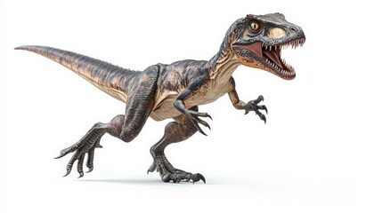 Photo of a fierce velociraptor dinosaur roaring with sharp teeth and claws, on a white background. Perfect for educational and artistic use. © arhendrix