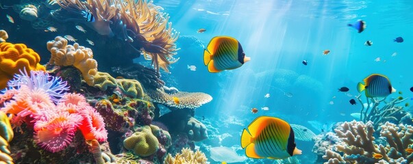 Naklejka premium Vibrant underwater scene, tropical fish swimming over a coral reef.