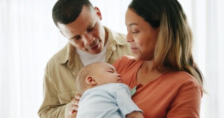 Home, mother and father with baby, care and family with love, childcare development and embracing. Parents, mama and dad with newborn, kissing and apartment with happiness, bonding together and smile