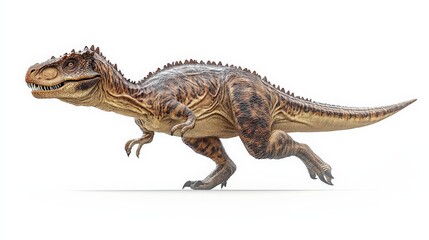 Fototapeta premium Realistic 3D rendering of a fierce Carnotaurus dinosaur in profile view, showcasing its detailed anatomy on a white background.