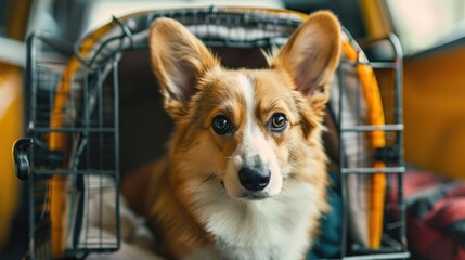 Obraz premium A cute little dog in a pet carrier for long-distance travel, for safety and orderliness of the place.