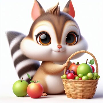 Cute Xenial xerus with a fruit basket 3d Generative aI
