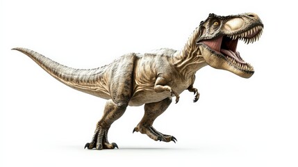 Obraz premium Realistic 3D rendering of a roaring Tyrannosaurus rex dinosaur in an aggressive stance on a white background.