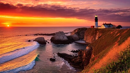 Coastal Sunset with Distant Lighthouse Glow