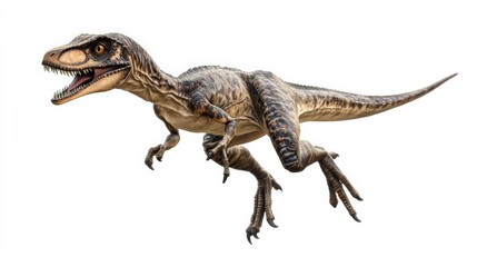Obraz premium Realistic 3D rendering of a Velociraptor dinosaur with a white background, showcasing its detailed texture and fierce appearance.