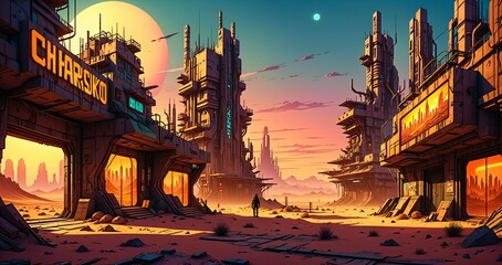 Naklejka premium cyberpunk desert wasteland city sunset. post apocalyptic sci-fi lo-fi town futuristic buildings and skyscrapers. landscape with mountains in horizon.