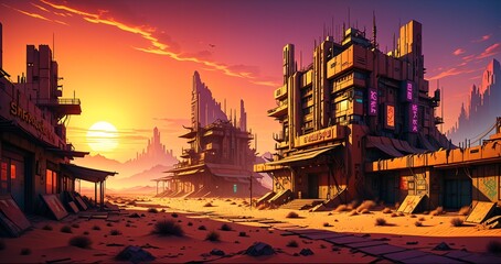 Naklejka premium cyberpunk desert wasteland city sunset. post apocalyptic sci-fi lo-fi town futuristic buildings and skyscrapers. landscape with mountains in horizon.