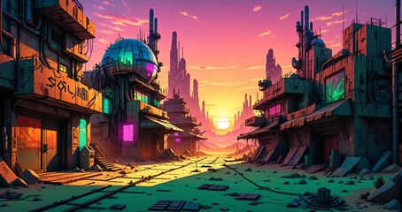 Naklejka premium cyberpunk desert wasteland city sunset. post apocalyptic sci-fi lo-fi town futuristic buildings and skyscrapers. landscape with mountains in horizon.