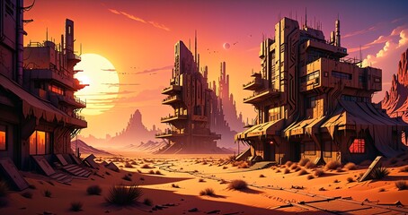 Obraz premium cyberpunk desert wasteland city sunset. post apocalyptic sci-fi lo-fi town futuristic buildings and skyscrapers. landscape with mountains in horizon.