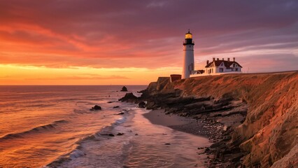 Naklejka premium Coastal Sunset with Distant Lighthouse Glow
