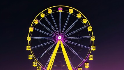 Obraz premium Ferris wheel illuminated in yellow lights against night sky with blue spokes. Suitable for carnival, amusement park, cityscape concepts.
