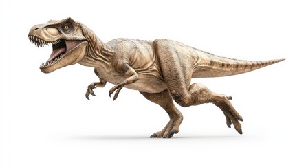 Realistic depiction of a roaring T-Rex dinosaur running, isolated on a white background. Perfect for educational and entertainment purposes. © arhendrix