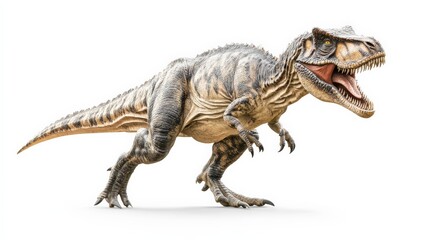 Realistic depiction of a roaring Tyrannosaurus rex dinosaur, showcasing its powerful stance and detailed features on a white background.