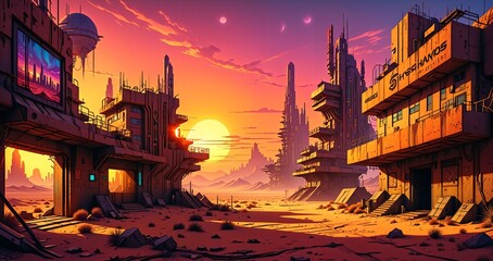 Naklejka premium cyberpunk desert wasteland city sunset. post apocalyptic sci-fi lo-fi town futuristic buildings and skyscrapers. landscape with mountains in horizon.