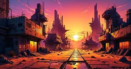 Naklejka premium cyberpunk desert wasteland city sunset. post apocalyptic sci-fi lo-fi town futuristic buildings and skyscrapers. landscape with mountains in horizon.